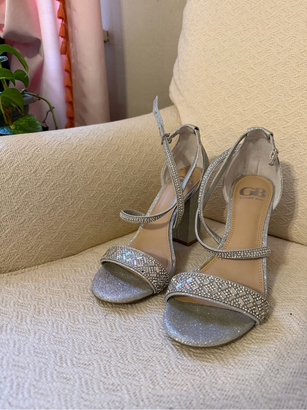 GBGianni Bini Silver Embellished Block Heel Sandals